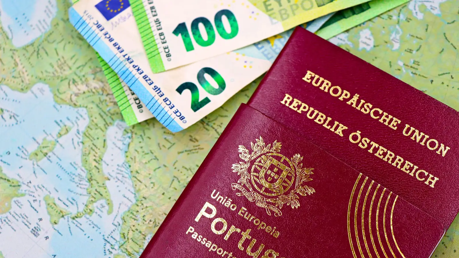 Passports placed on a world map — international visa and travel documentation